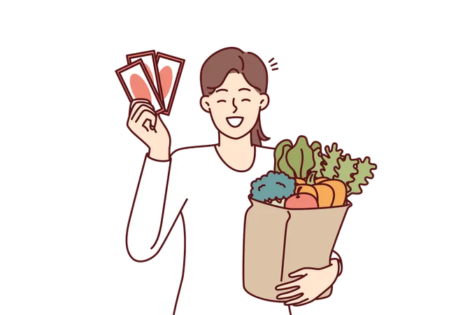 Woman Shopper Holding Gift Vouchers From Supermarket And Paper Bag Filled With Fresh Vegetables Happy Girl Showing Off Discount Coupons Or Vouchers For Shopping At Grocery Store At Bargain Prices Illustration