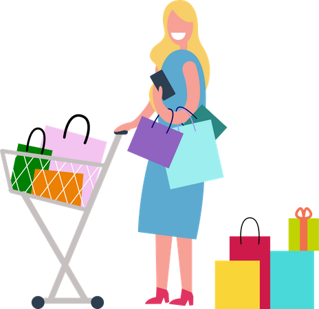 Woman Shopping and Spending Time  Illustration