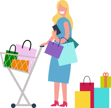 Woman Shopping and Spending Time  Illustration