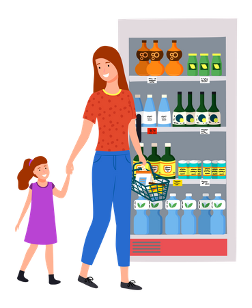 Woman shopping at grocery mart with daughter Illustration