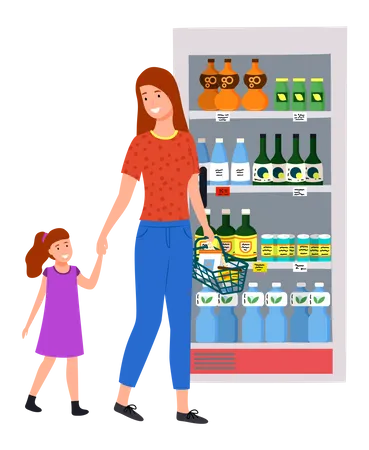 Woman shopping at grocery mart with daughter Illustration