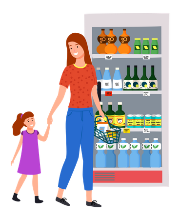 Woman shopping at grocery mart with daughter  Illustration