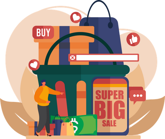 Woman shopping during big sale  Illustration