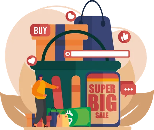 Woman shopping during big sale  Illustration