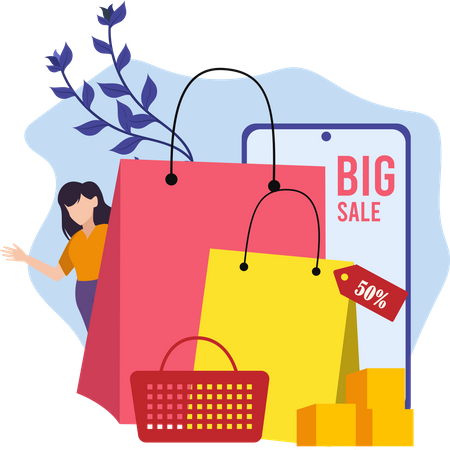 Woman shopping during big sale  Illustration