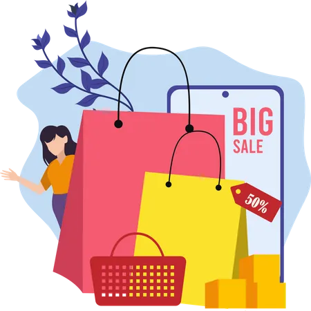 Woman shopping during big sale  Illustration