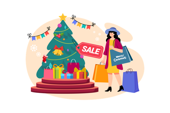 Woman shopping during Christmas sale  Illustration