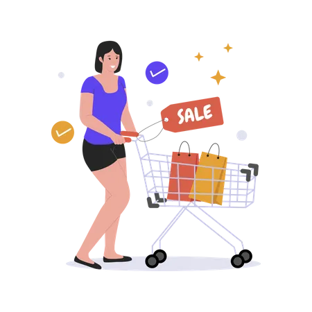 Woman Shopping With Trolley Sale Offer Joyful Girl Flat Vector Illustration Isolated On White Background Illustration