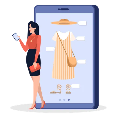 Woman shopping for clothes online  Illustration