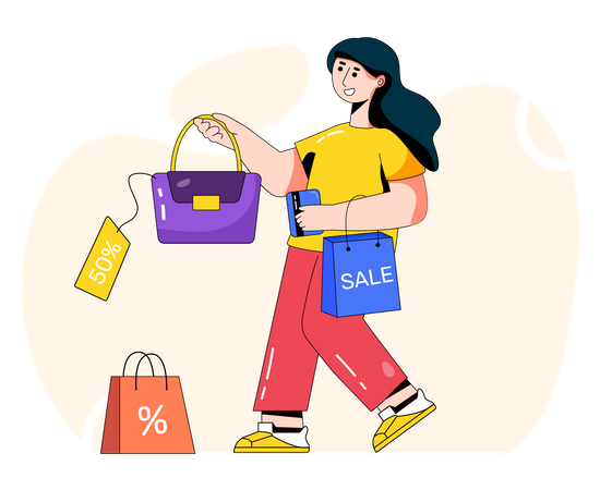 Woman shopping for dress which is in offer Illustration