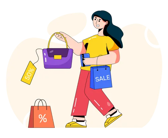 Woman shopping for dress which is in offer  イラスト