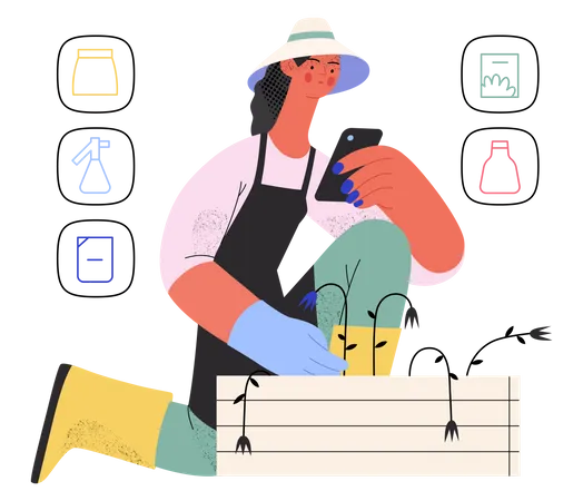 Woman shopping for gardening tools  Illustration