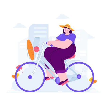 Woman shopping for grocery by riding bicycle  Illustration