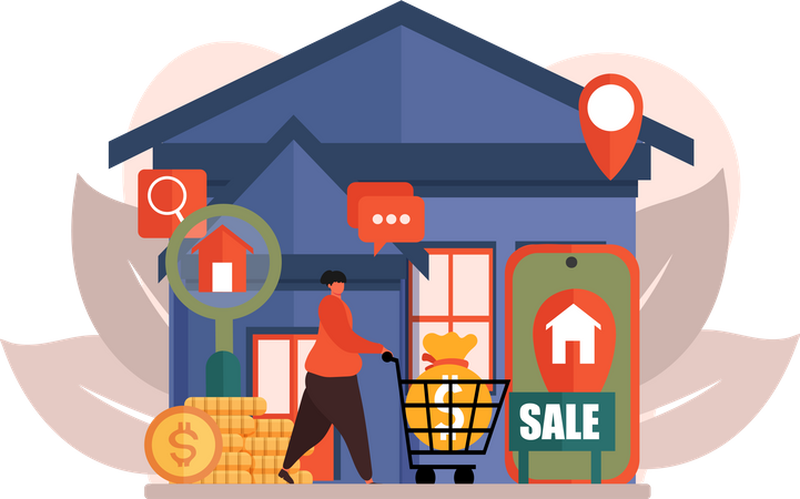 Woman shopping for house online Illustration