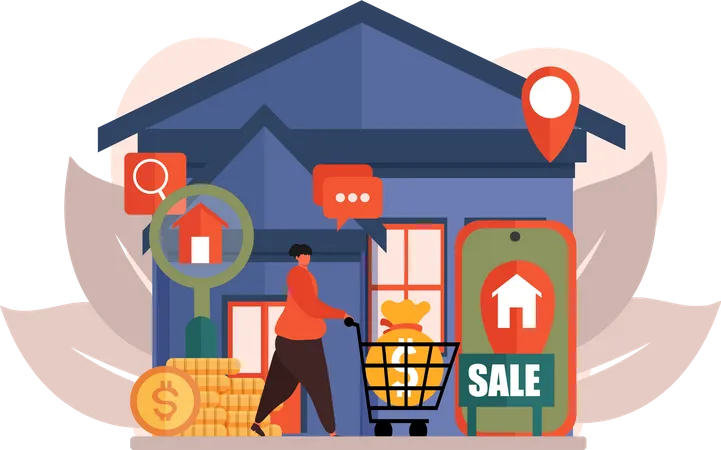 Woman shopping for house online Illustration