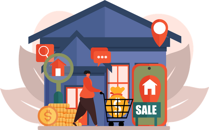 Woman shopping for house online  Illustration