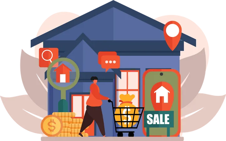 Woman shopping for house online  Illustration