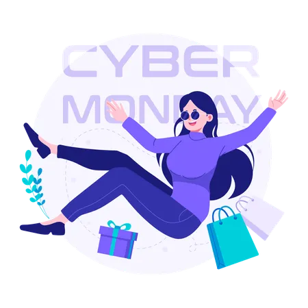 Woman shopping for many things on cyber monday  Illustration