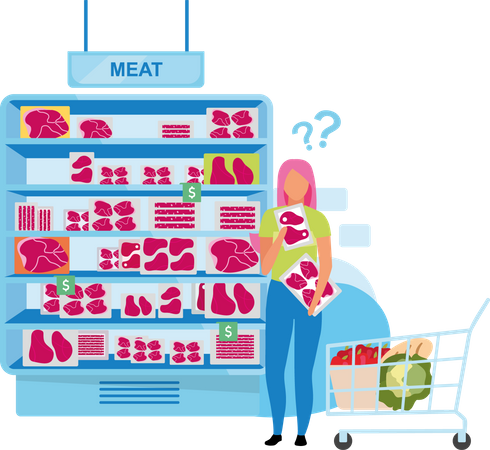 Woman shopping for meat from meat counter  Illustration