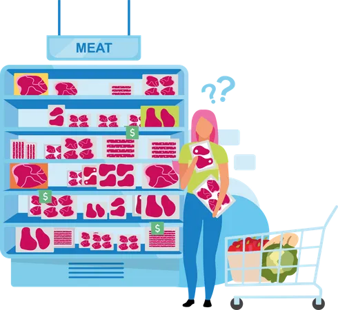 Woman shopping for meat from meat counter  Illustration