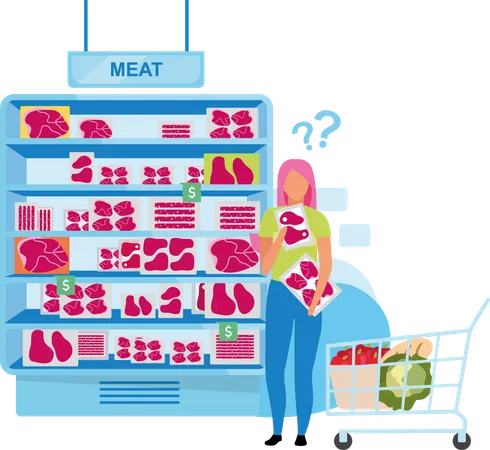 Woman shopping for meat from meat counter Illustration