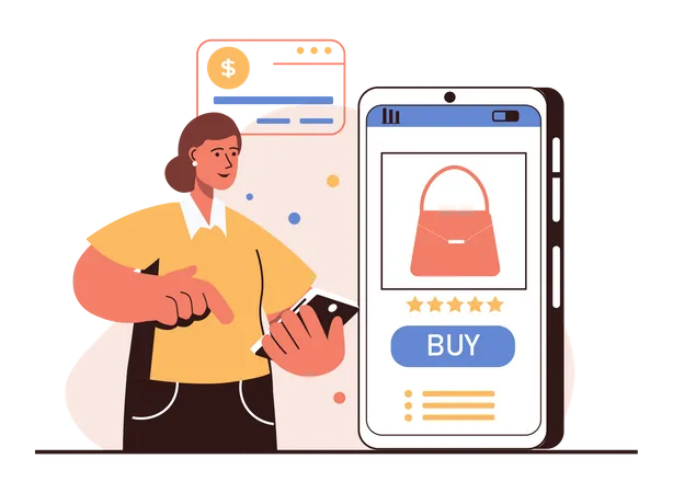 Woman shopping for purse on mobile app  Illustration