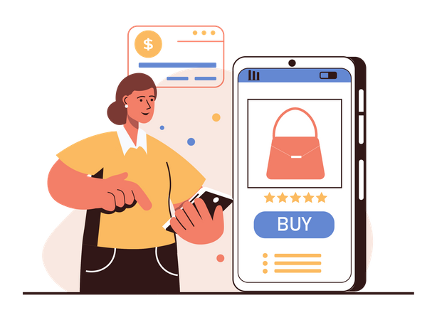 Woman shopping for purse on mobile app  Illustration