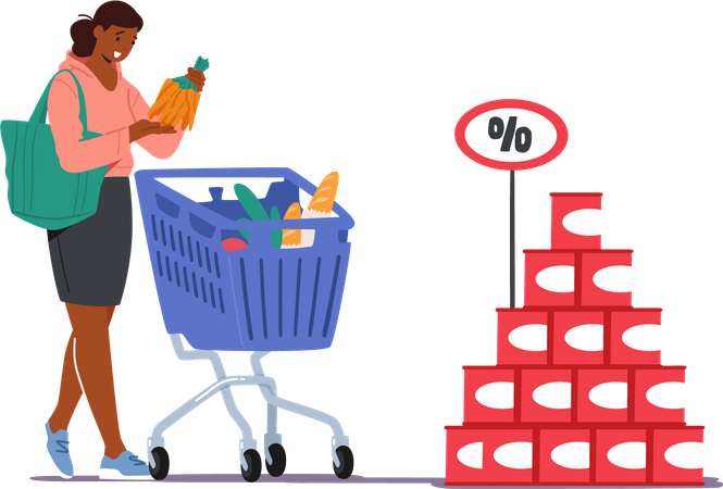 Woman shopping grocery at supermart Illustration