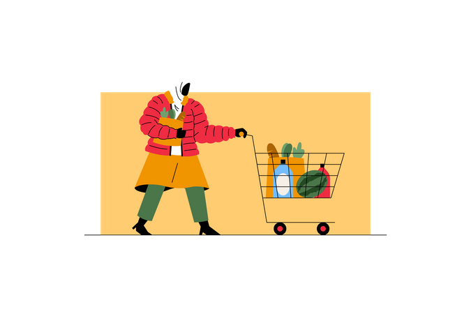 Woman shopping grocery during autumn sale Illustration