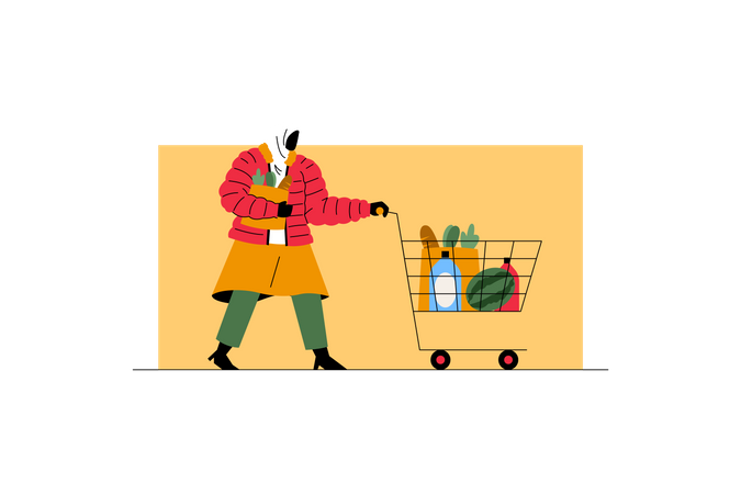 Woman shopping grocery during autumn sale  Illustration