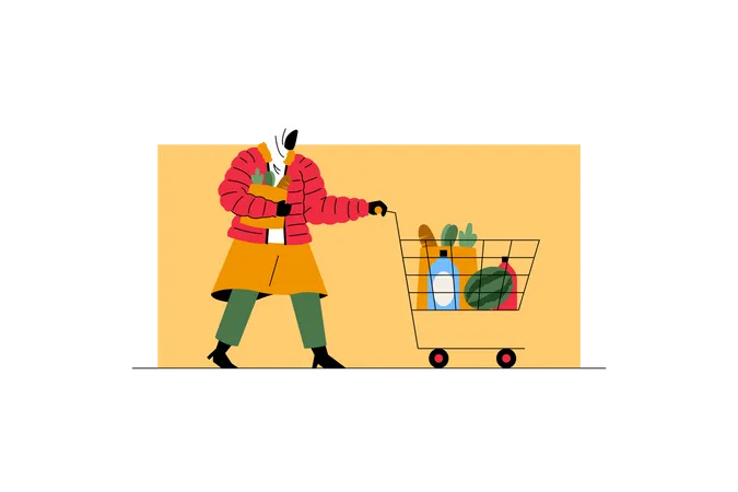 Woman shopping grocery during autumn sale  Illustration