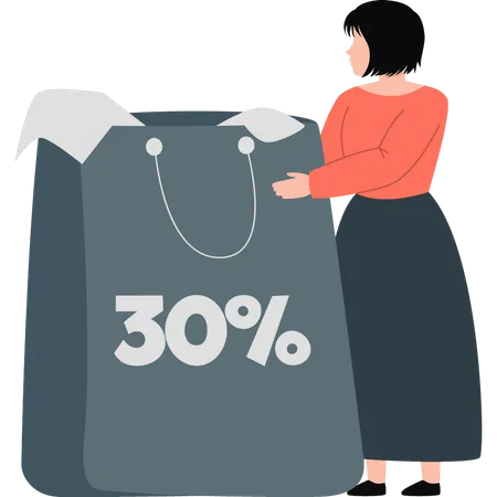 Woman shopping on 30 percentage discount  Illustration