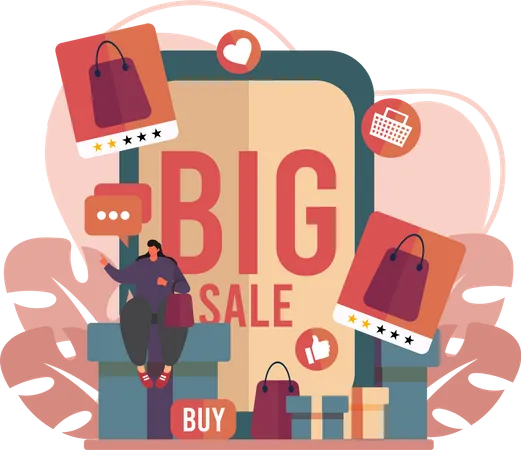 Woman shopping on big sale  Illustration