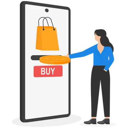 Using Bitcoin To Buy Goods Alternative Convenient Way For Purchasing Product Or Service With Cryptocurrency Concept Woman Inserting Bitcoin Token Into Money Slot On Mobile Screen For Shopping イラスト