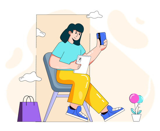 Woman shopping online and paying via card  イラスト