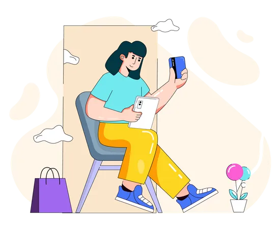 Woman shopping online and paying via card  イラスト