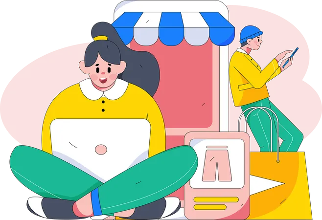 Woman shopping online using laptop  Illustration