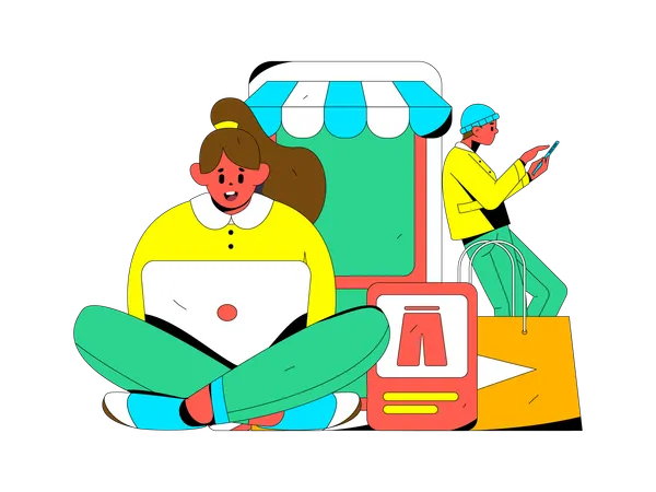 Woman shopping online using laptop  Illustration