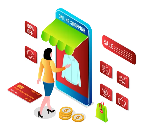 Woman shopping online using mobile app Illustration