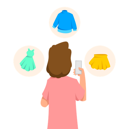 Woman shopping online using smartphone app Illustration
