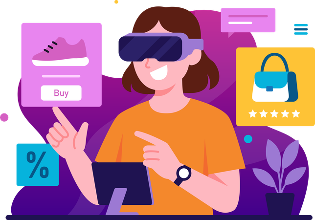 Woman shopping online using VR technology  Illustration