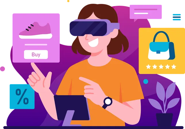 Woman shopping online using VR technology  Illustration