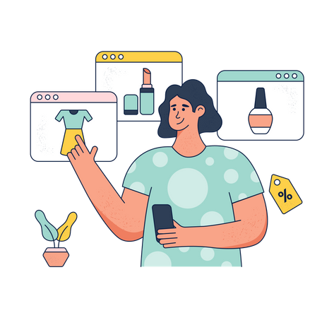 Woman shopping online via e-commerce app  Illustration