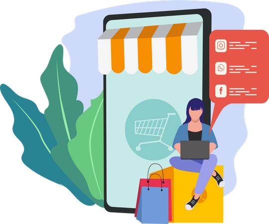 Woman shopping online via mobile store  Illustration
