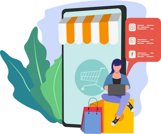 Woman shopping online via mobile store  Illustration