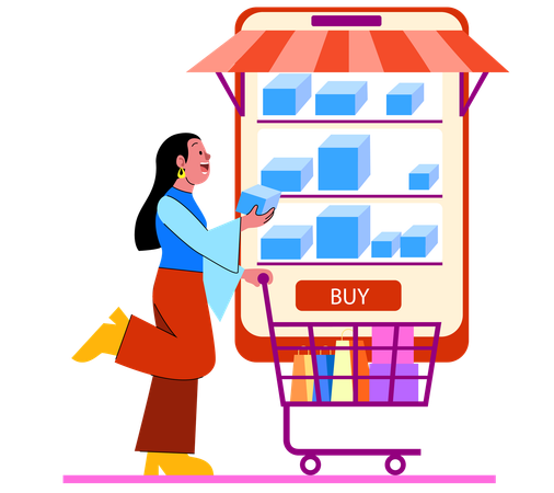 Woman Shopping Online with a Cart  Illustration