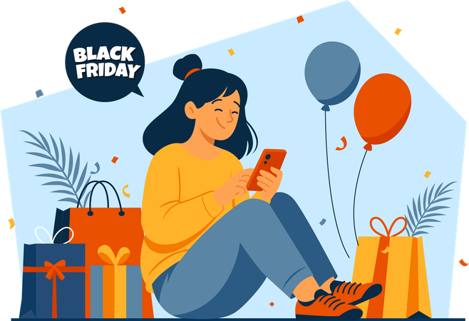 スマートフォンでオンラインショッピングをする女性  イラスト