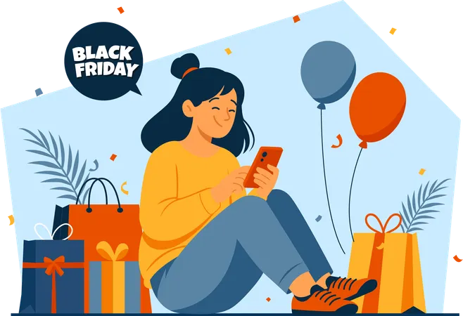 スマートフォンでオンラインショッピングをする女性  イラスト