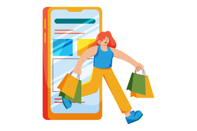 Woman shopping using mobile app  イラスト