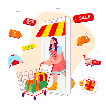Woman shopping using mobile application Illustration
